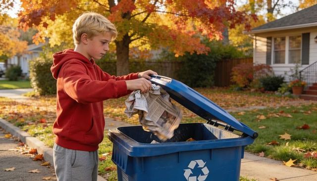 Preteen boy depositing newspaper into blue recycling bin in autumn suburban neighborhood