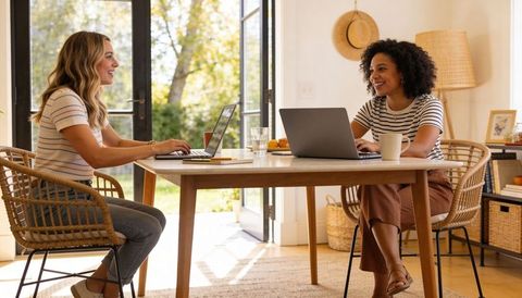 Two Women Collaborating Remotely at Sunlit Home Dining Table with Laptops and Coffee