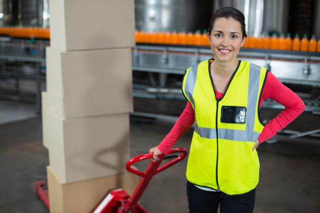 Portrait of female factory worker holding trolley of cardboard boxes at drinks production factory