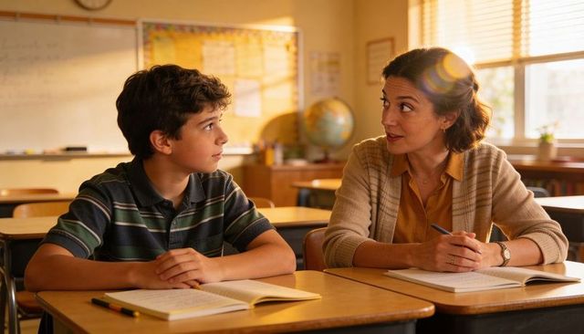 Teacher reviewing notes with student in sunlit classroom during one-on-one tutoring