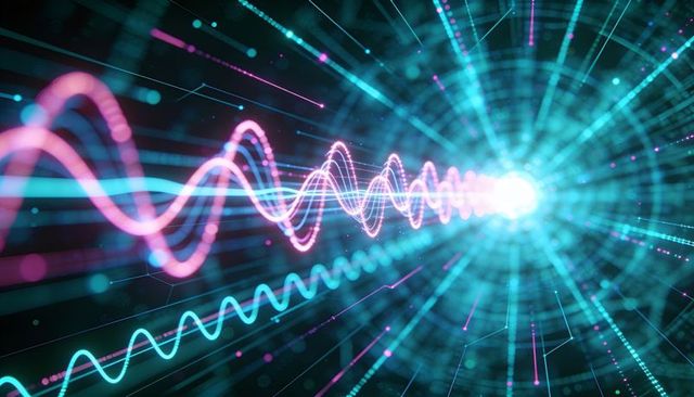 Neon magenta-cyan waveforms streaming through cyber data tunnel toward bright burst