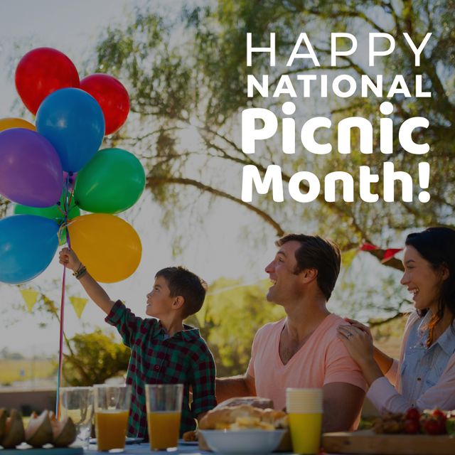 Happy National Picnic Month Family Celebration Outdoors With Balloons - Download Free Stock Templates Pikwizard.com