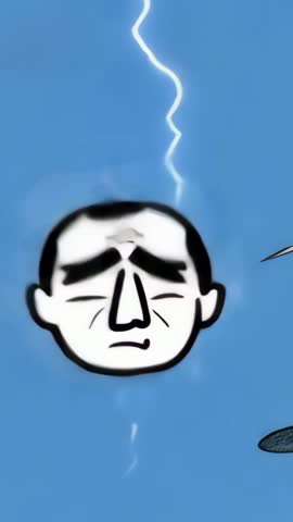 Drifting storm cloud striking pensive male head with jagged lightning — vertical animated clip