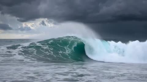 Powerful Ocean Wave Rolling Along Stormy Coastline