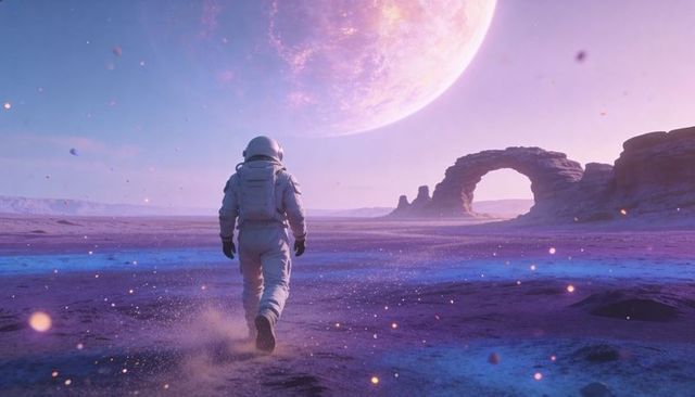 Lone astronaut walking across purple alien plain toward stone arch and giant planet in surreal twili