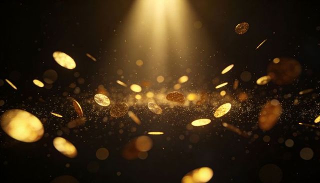 Gold coins floating under spotlight with glitter dust, bokeh sparkle and beam light