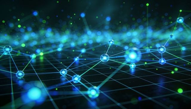 Glowing cyan-green network nodes on reflective grid representing data connectivity