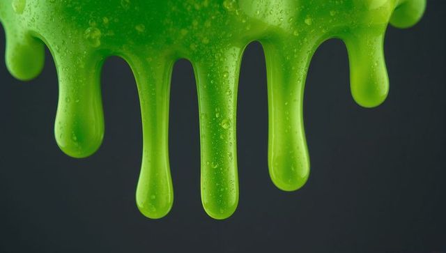 Bright green viscous gel dripping with condensation drops