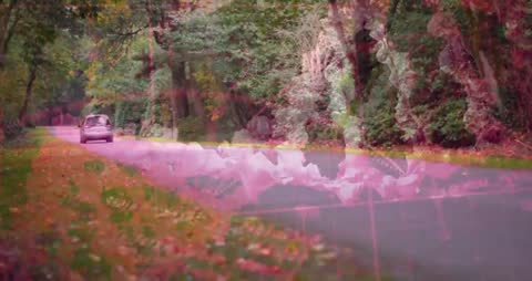 SUV Driving Through Scenic Autumn Forest with Overlapping Patterns