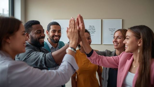 Diverse professional team celebrating success with group high five in modern office