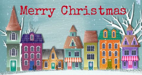 Colorful Winter Village with Merry Christmas Text