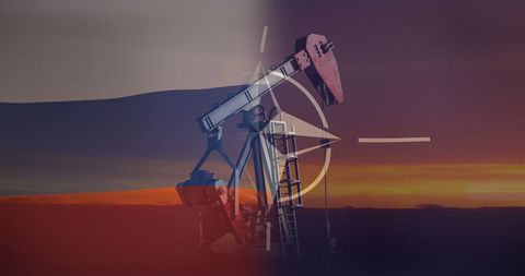 NATO and Russia Flags Intersecting Over Oil Pump Silhouette