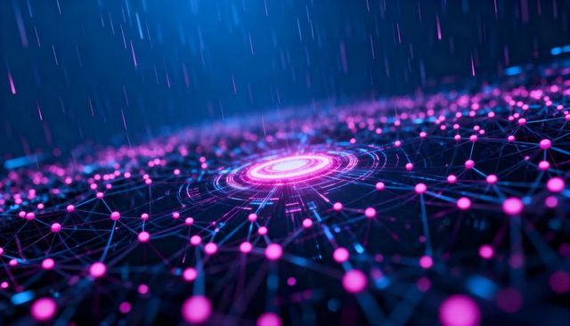 Neon Network Hub Radiating Magenta Rings Across Futuristic Grid with Data Rain, AI Mesh