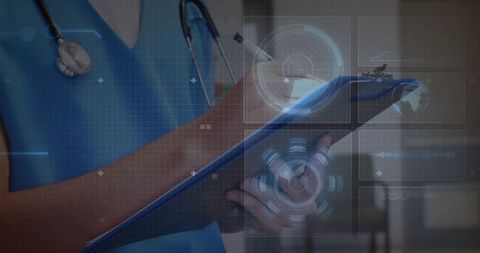 Medical Professional Using Tablet in Futuristic Hospital Setting