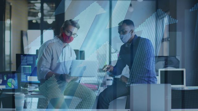 Businessmen sitting in office, reviewing data with digital arrows indicating financial growth. Both wearing face masks. Can be used in contexts such as financial analysis, business strategy sessions, corporate collaboration, or digital transformation projects.