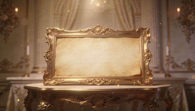 Gilded ornate frame displaying aged parchment on carved gold console in baroque royal salon
