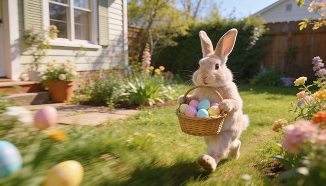 Hopping easter rabbit carrying wicker basket of pastel eggs through sunny backyard garden