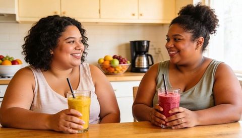 Smiling friends chatting and holding colorful smoothies at sunlit kitchen table