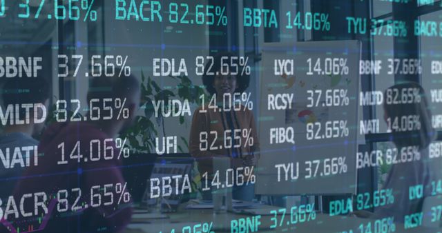 Layered image combines stock market data display and a business meeting scene, featuring a group of professionals discussing financial strategies. Perfect for content on finance, stock trading, business analytics, corporate strategy discussions, and team collaboration.