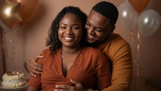 Couple Embracing and Smiling at Intimate Celebration with Balloons and Cake, Cozy Portrait