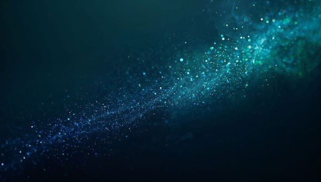 Teal particle stream flowing across dark gradient with glowing bokeh and sparkles, neon glow