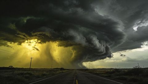 Dramatic rotating supercell storm over highway with glowing rain shaft and menacing clouds