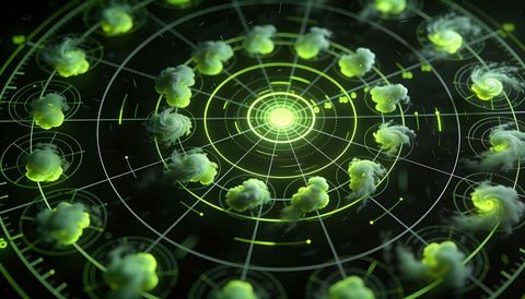 Holographic radar projecting neon-green vortex nodes across concentric grid interface
