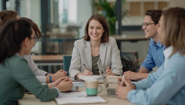 Smiling woman leading collaborative team meeting at modern open-plan office table with laptop and no