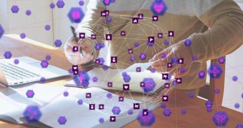 Senior Man Using Technology at Home Office with Virtual Icons