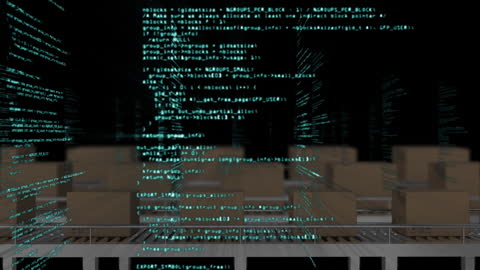 Data Streams over Boxes on Conveyor Belt Animation