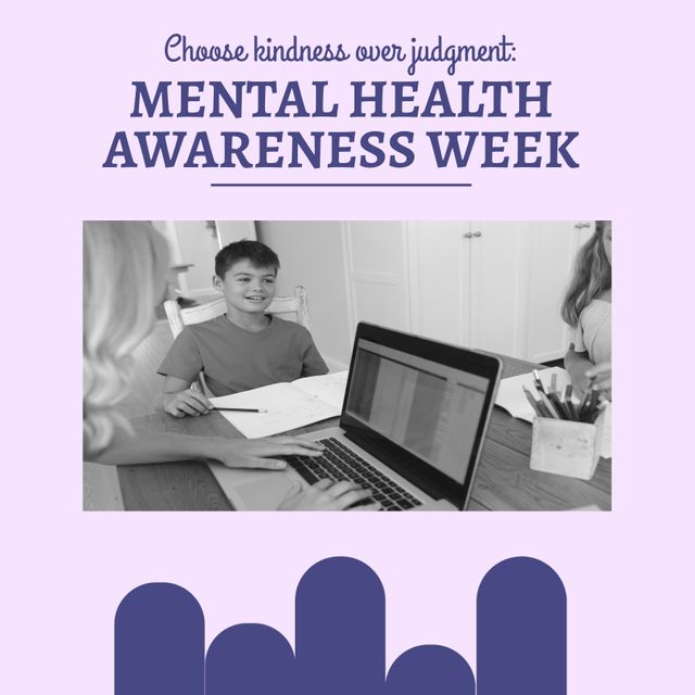 Caucasian family promoting mental health awareness. Shows mother and children using laptop together, highlighting family bonding, education, and kindness. Useful for campaigns, educational materials, and social media posts on mental health topics.