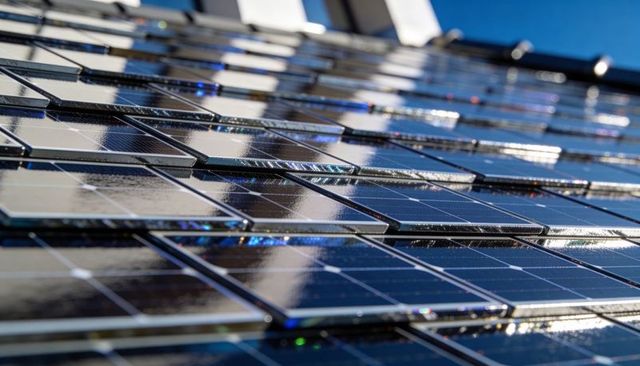 Tilted Photovoltaic Solar Panels Reflecting Building with Metal Frames and Mounting Rails