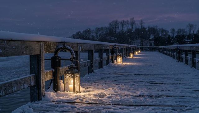Snow-covered wooden pier at twilight with glowing lanterns lining frosty boardwalk at dusk