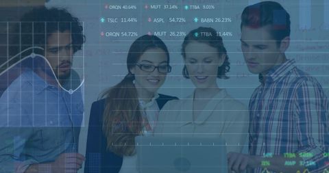 Team analyzing stock market trends with overlaid financial data