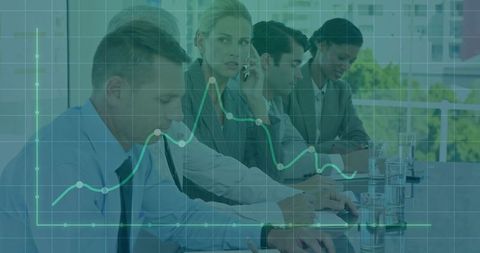 Team Collaborating in Modern Office with Business Analytics Overlay