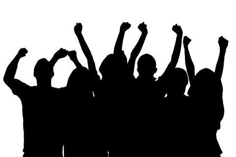 Black silhouette of people celebrating on transparent background