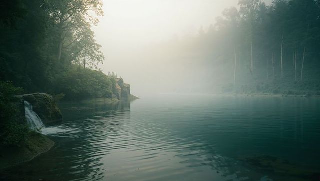 Serene foggy lake in misty forest wilderness with waterfall