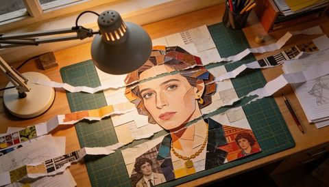 Artist creating torn-paper mosaic portrait on green cutting mat under desk lamp
