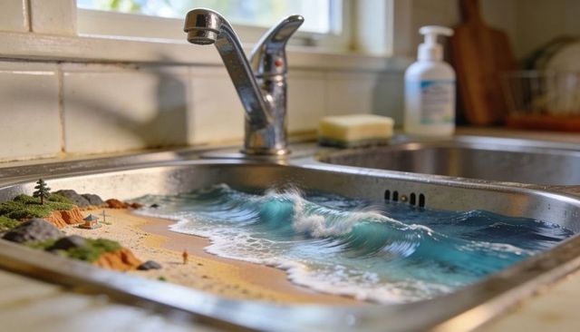 Miniature beach creating crashing waves in kitchen sink with chrome faucet, surreal diorama