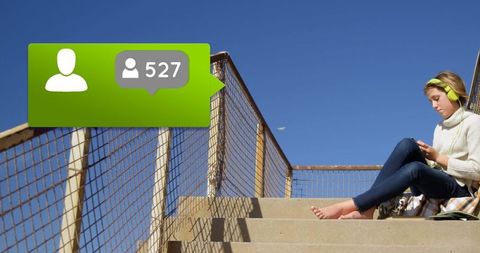 Young Woman Engaged in Social Media Surrounded by Connection Icons