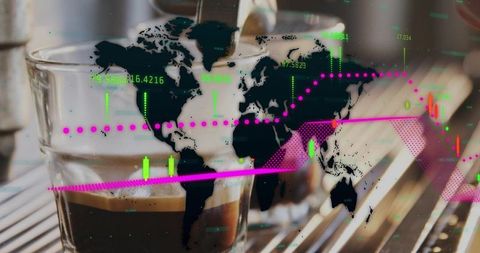 Global coffee market concept with espresso shot and neon financial data overlay