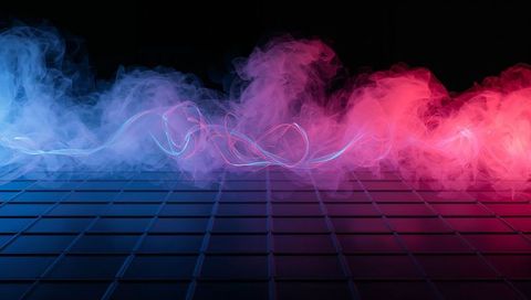 Neon blue to pink smoke ribbon floating over glossy tile grid with vapor trails