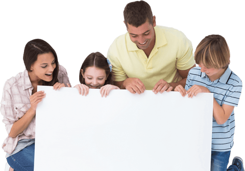 Happy Family Of Four Looking Over Blank Billboard With Transparent Background