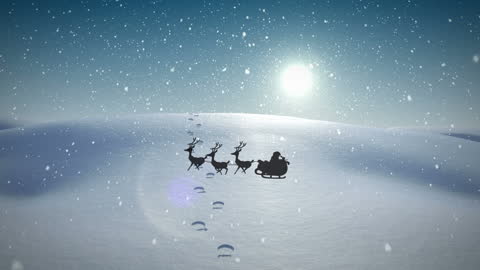 Santa's Sleigh Journey Silhouetted Against Snowy Landscape