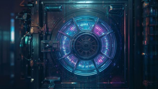 Futuristic vault lock with neon lights illuminating secure hig-tech setting