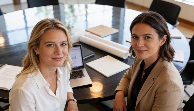 Female executives collaborating at round conference table reviewing laptop charts and plans