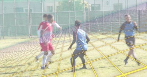 Men competing on sunny soccer field with stylized perspective grid overlay in action