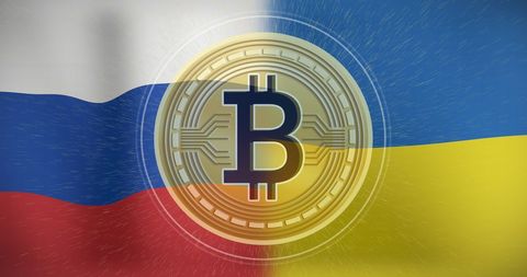 Bitcoin Symbol Between Russian and Ukrainian Flag Deal