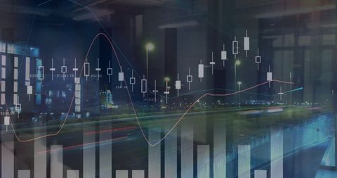 Digital data processing with cityscape and graphs overlay