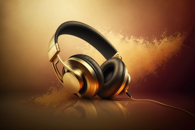 Close up of gold headphones with wire on yellow background created using generative ai technology. Technology and music concept digitally generated image.